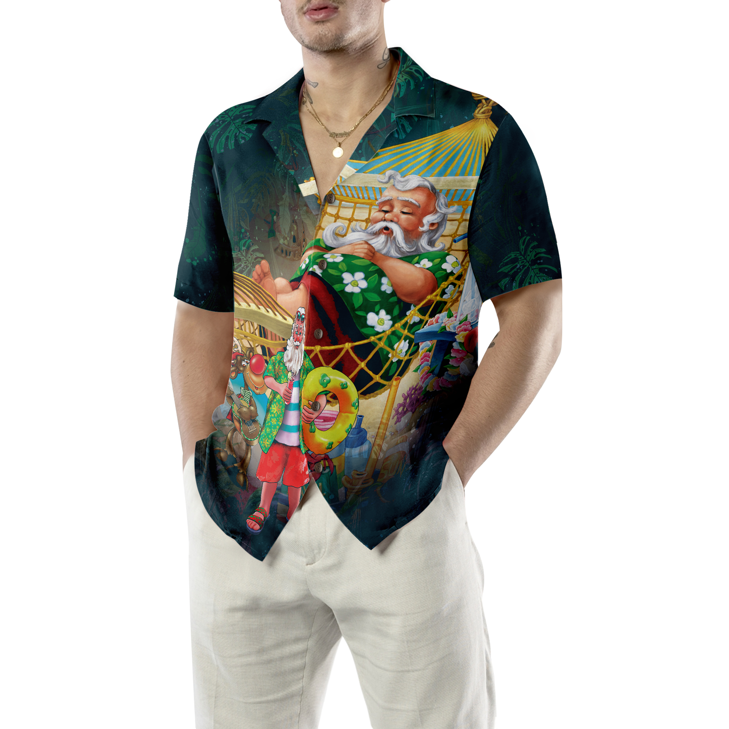 WW | Hyperfavor Weihnachts-Hawaiian-Shirts, Weihnachtsmann am Strand Kurzarmhemd, Weihnachtshemd Geschenkidee für Männer und Frauen
