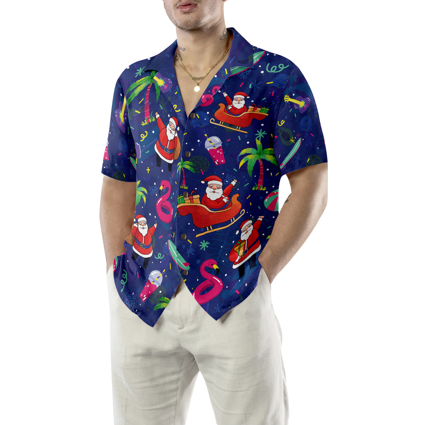 WW | Hyperfavor Weihnachts-Hawaiian-Shirts, Santa Flamingo tropisches Mustershirt Kurzarm, Weihnachtshemd Geschenkidee für Männer und Frauen