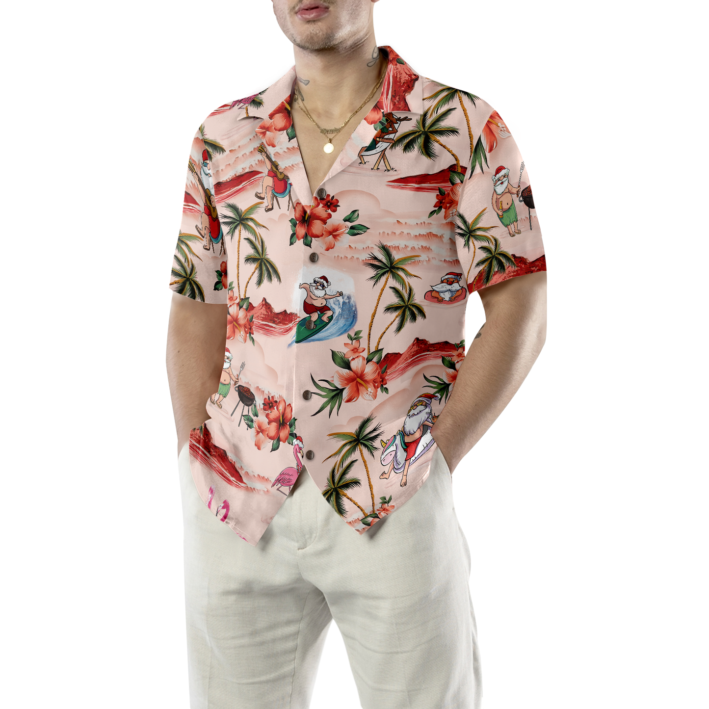 WW | Hyperfavor Weihnachts-Hawaiian-Shirts für Männer und Frauen, Santa Strand Weihnachtsmuster Hawaiian Shirt Button-Down-Shirt Kurzarm