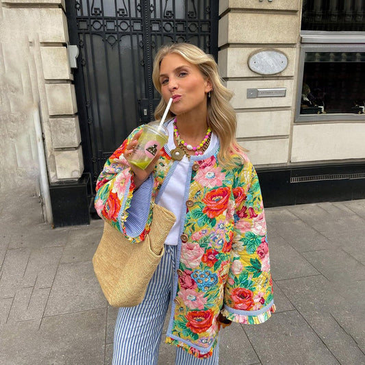 WW | Steppjacke Übergroße Passform Knopfverschluss Floral Hüftlänge