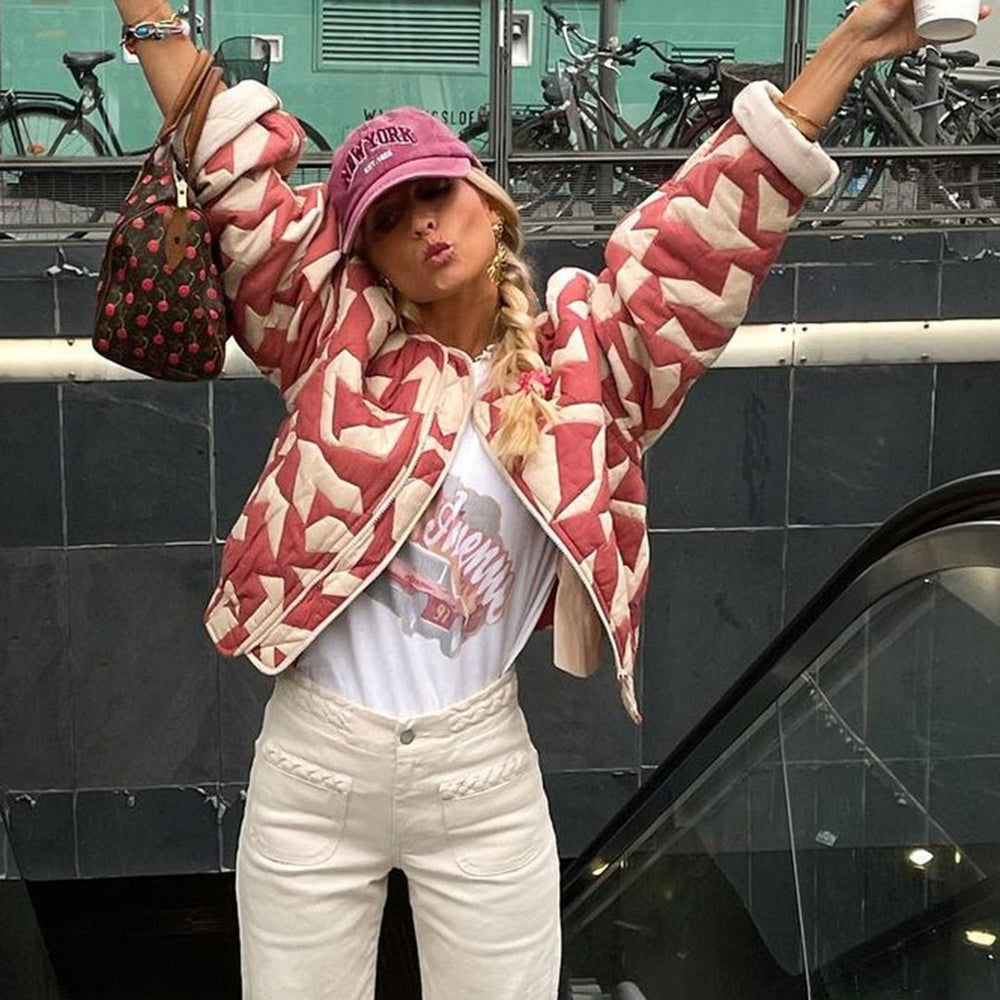 WW | Steppjacke Übergroße Passform Knopfverschluss Floral Hüftlänge