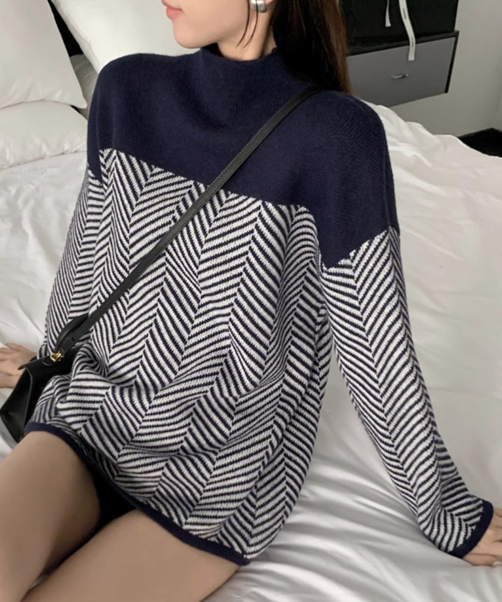 WW | Retro Color Block Half-Turtleneck Pullover