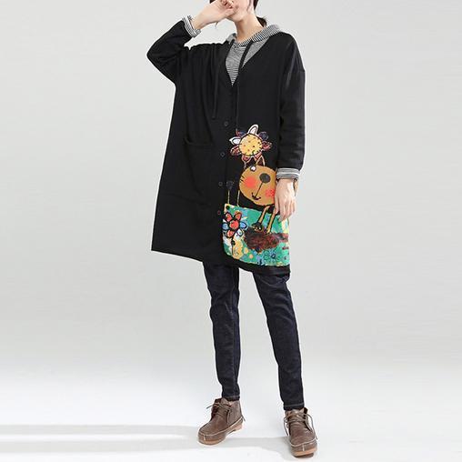 WW | Herbst Schwarz Passform Baumwollmäntel locker lässig Kapuzenstrickjacke Cartoon-Druck