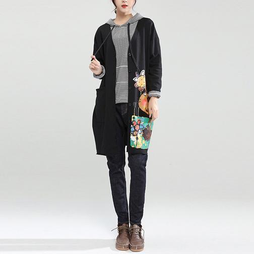 WW | Autumn Black Cotton Coats Loose Casual Hooded Cardigan Cartoon Print