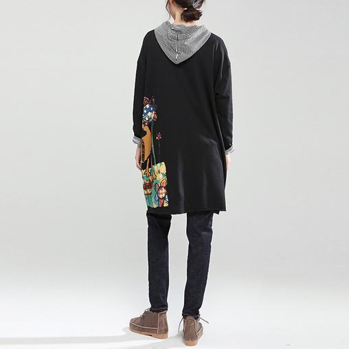WW | Autumn Black Cotton Coats Loose Casual Hooded Cardigan Cartoon Print