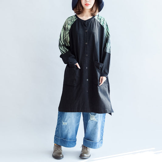WW | Oversize-Patchwork grüne Drucke Baumwolle Outwear Taschen 2025 lässige Mäntel