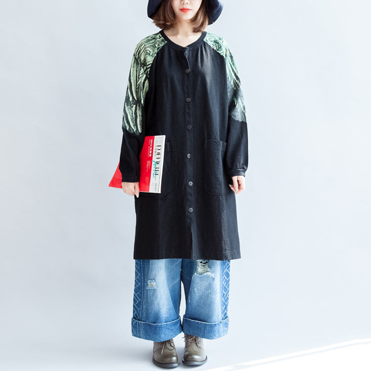 WW | Oversize-Patchwork grüne Drucke Baumwolle Outwear Taschen 2025 lässige Mäntel