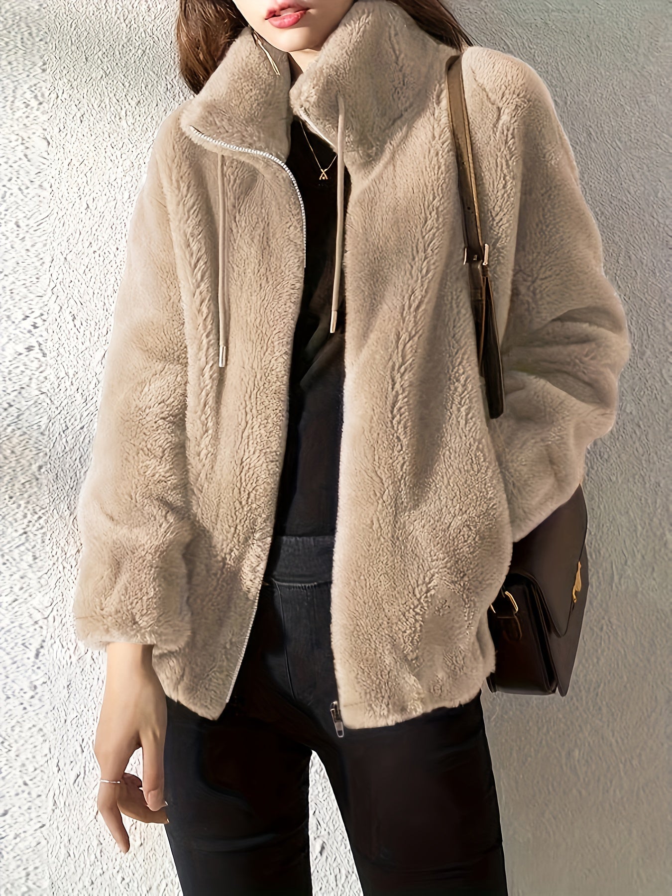 WW | Casual Warm Teddy Jacket with Drawstring and Zipper