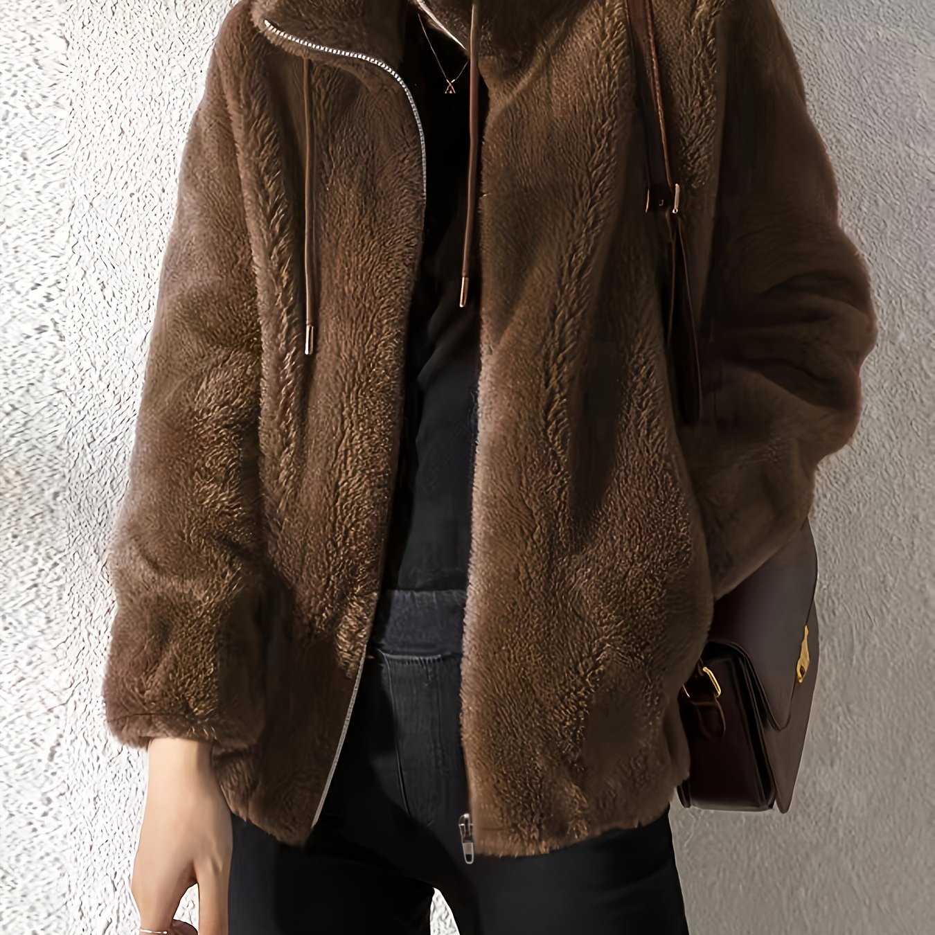 WW | Casual Warm Teddy Jacket with Drawstring and Zipper