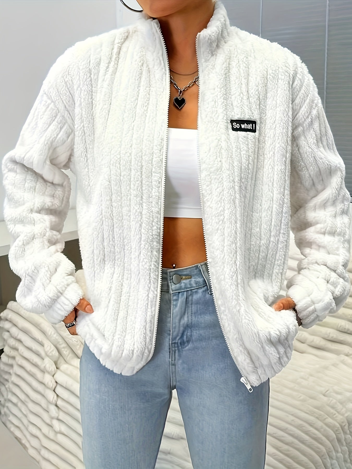 WW | Zippered Teddy Jacket with Ribbing and Long Sleeves