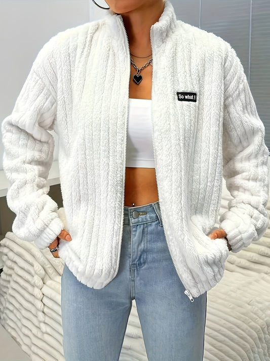 WW | Reißverschluss Teddyjacke mit Rippungen und langen Ärmeln