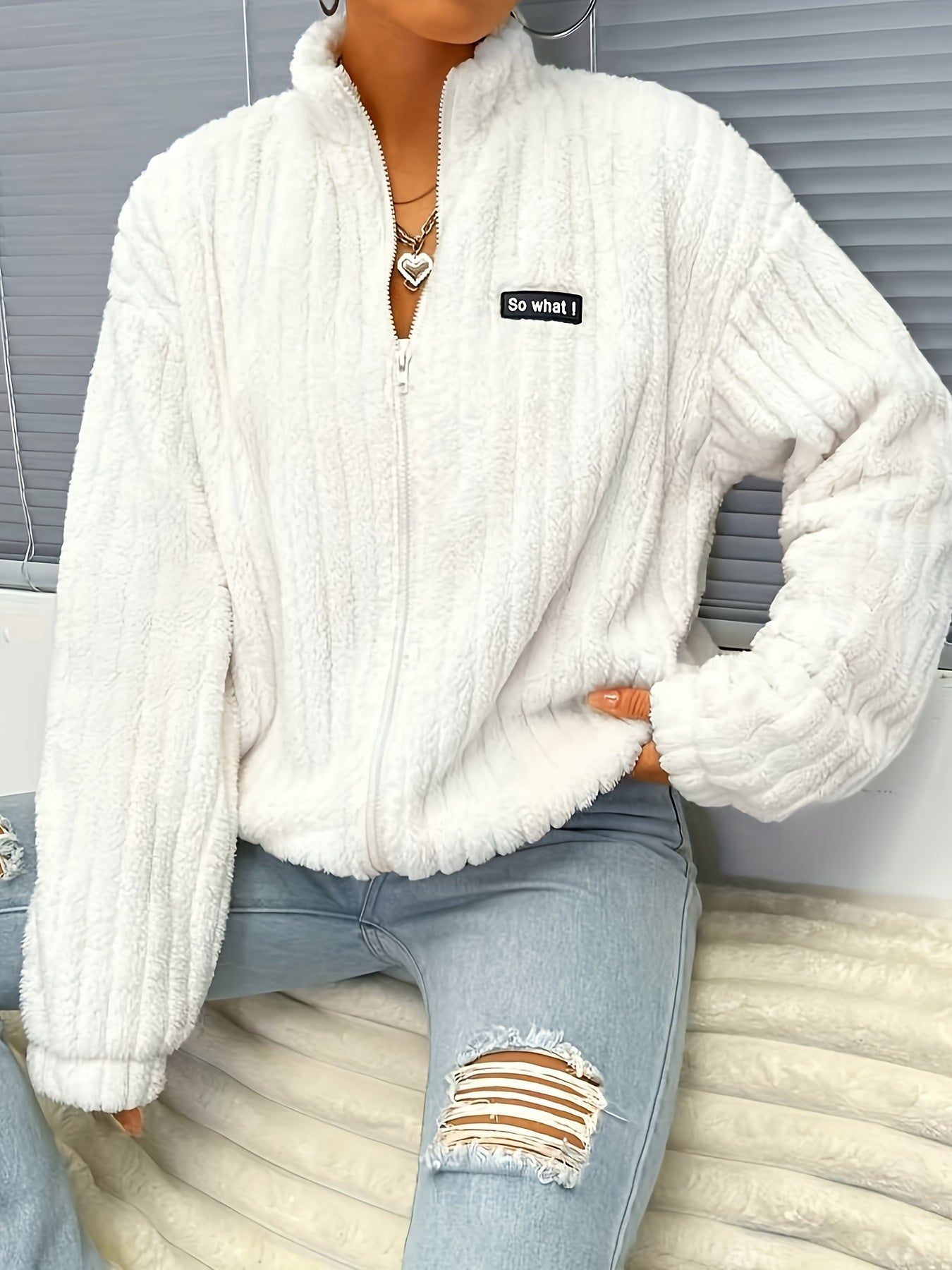 WW | Zippered Teddy Jacket with Ribbing and Long Sleeves