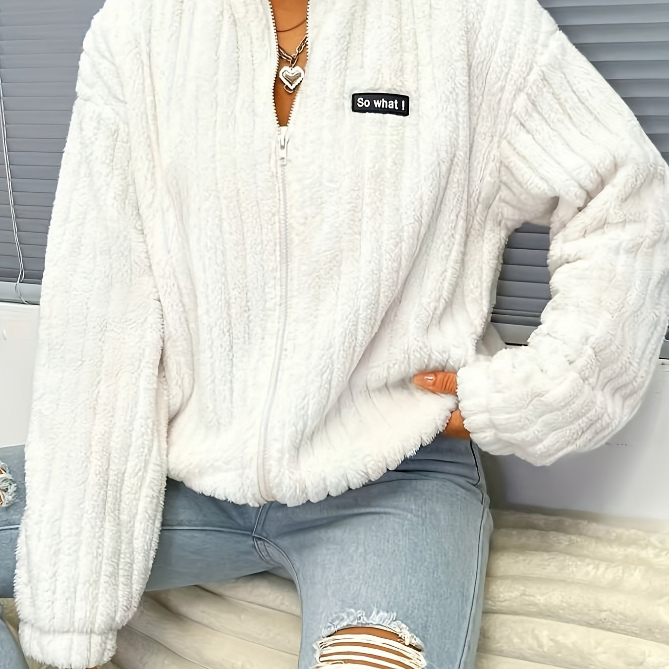 WW | Zippered Teddy Jacket with Ribbing and Long Sleeves