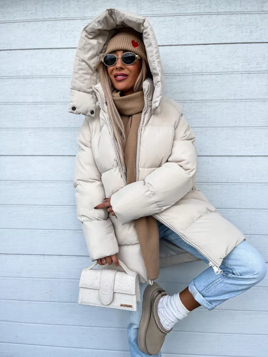 WW | Damen Pufferjacke - Stepp-Langjacke - Mit Kapuze Hoher Kragen - Warm Isoliert