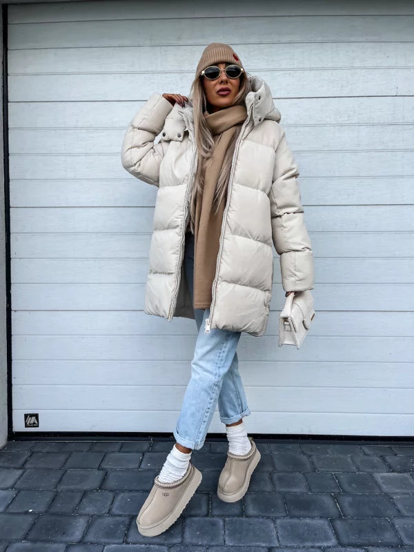 WW | Damen Pufferjacke - Stepp-Langjacke - Mit Kapuze Hoher Kragen - Warm Isoliert