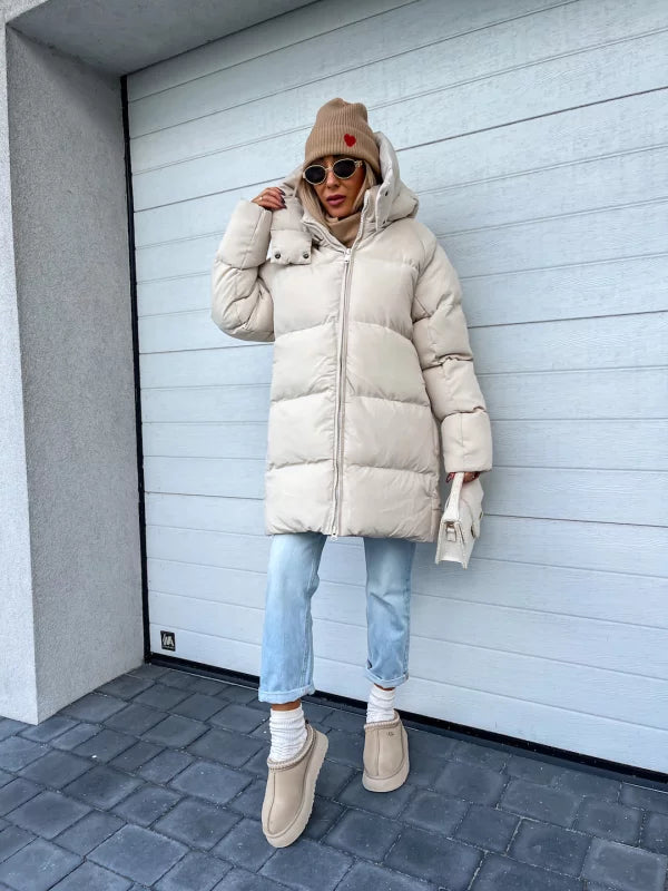 WW | Damen Pufferjacke - Stepp-Langjacke - Mit Kapuze Hoher Kragen - Warm Isoliert