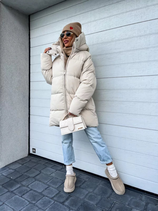 WW | Damen Pufferjacke - Stepp-Langjacke - Mit Kapuze Hoher Kragen - Warm Isoliert