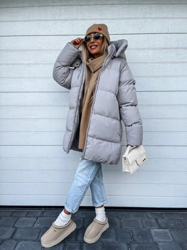 WW | Damen Pufferjacke - Stepp-Langjacke - Mit Kapuze Hoher Kragen - Warm Isoliert