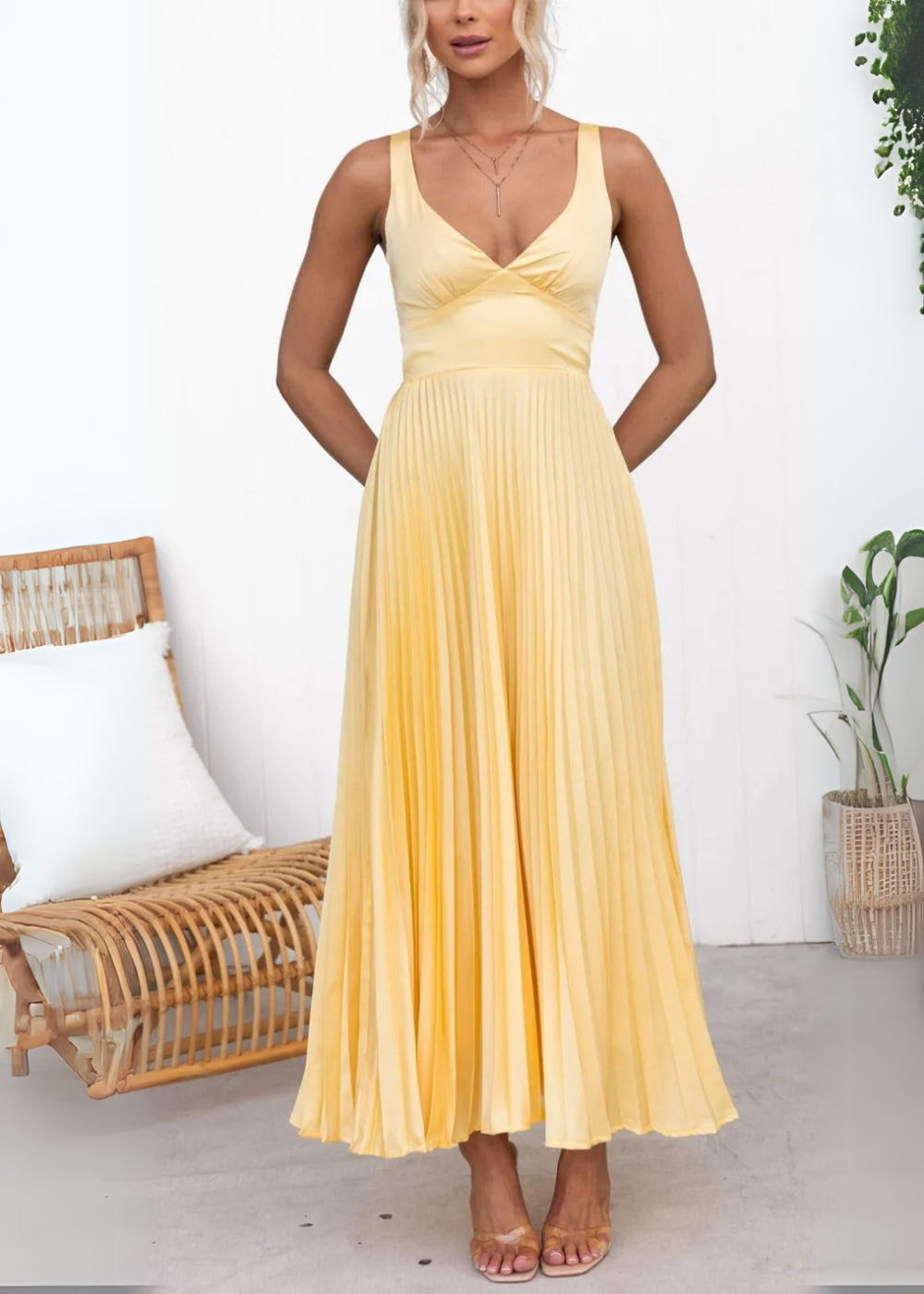 Mabel - Pleated V-Neck Maxi Dress