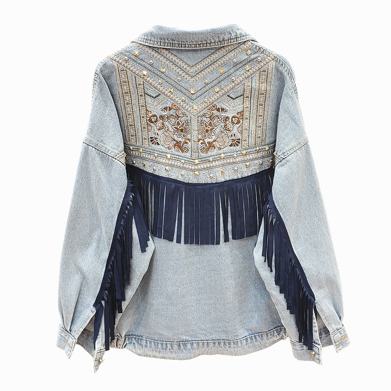 WW | Brooklynn Denim Jacket A unique jacket with floral print and fringe