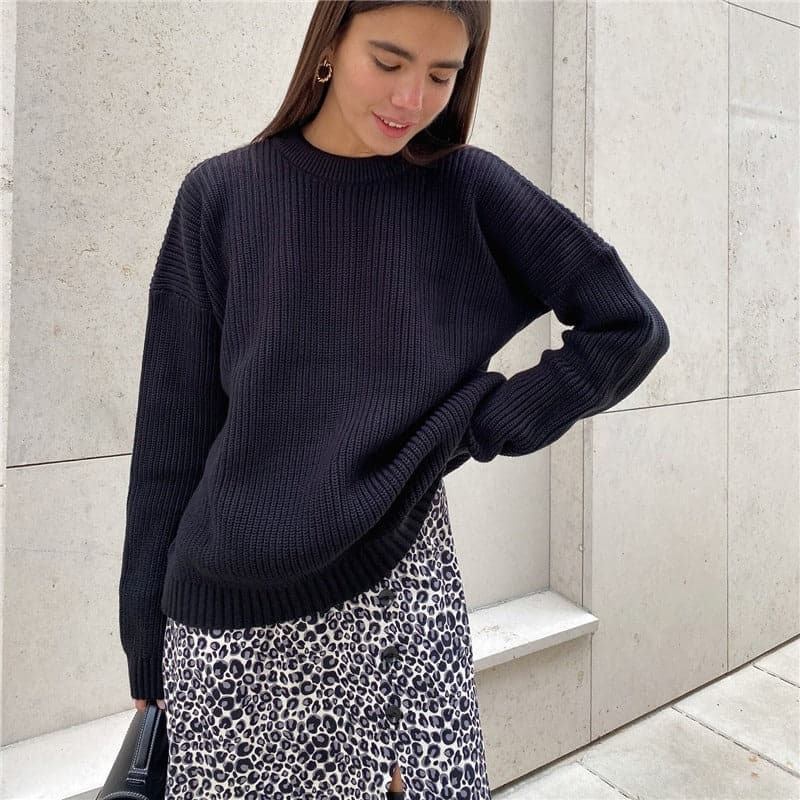 WW | Strickpullover Übergroß Fit Rippstrick Langärmliger Rundhalsausschnitt