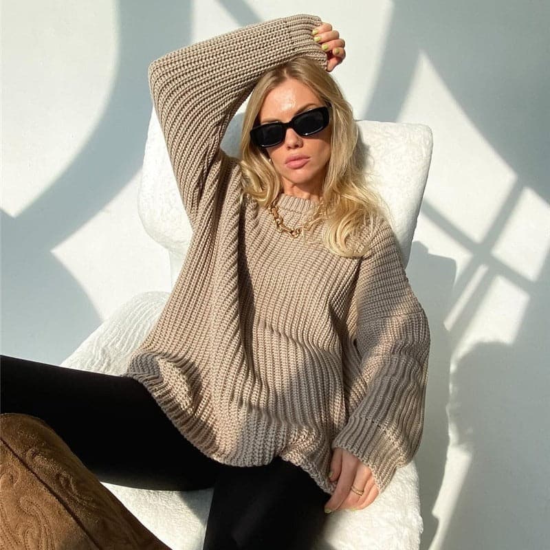 WW | Strickpullover Übergroß Fit Rippstrick Langärmliger Rundhalsausschnitt