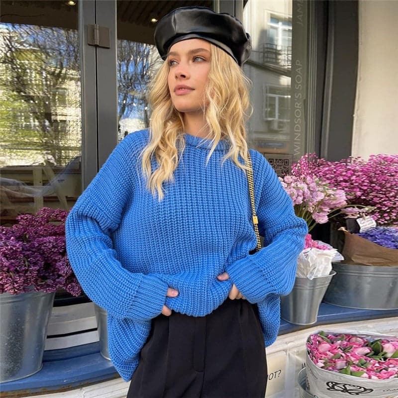 WW | Strickpullover Übergroß Fit Rippstrick Langärmliger Rundhalsausschnitt