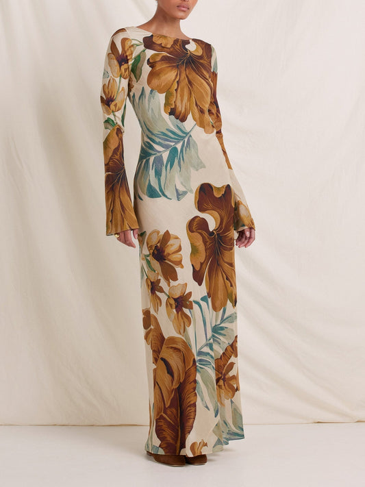 Maxi dress with hand-drawn botanical motifs