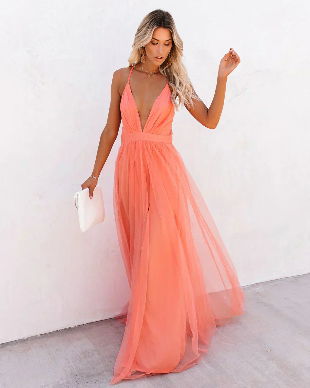 WW | Criss Cross Rücken Niedrige Hals Transparent Maxi Anlass Kleid für Frauen Verema