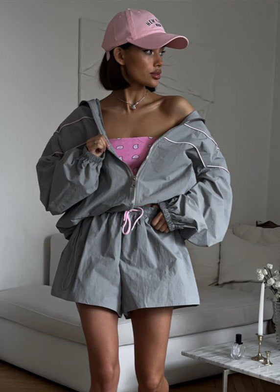 WW | Windbreaker Set – Oversized Zip-Up Jacket & High-Waisted Shorts