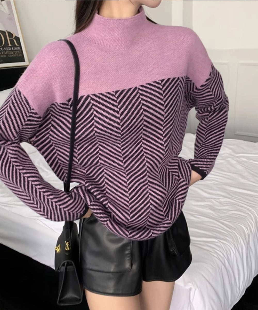 WW | Retro Color Block Half-Turtleneck Pullover