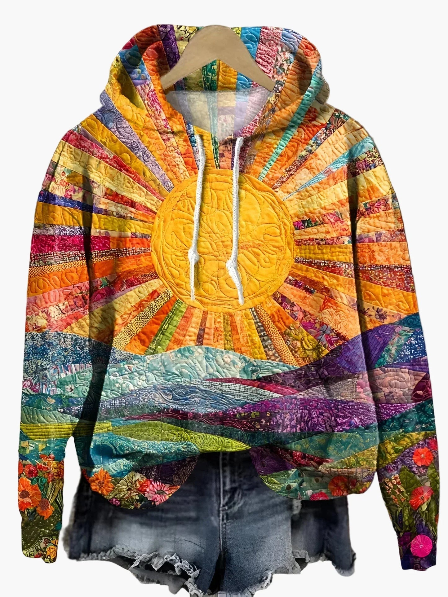 WW | Hoodie mit Sonnenaufgang-Design, Boho Stil, Freizeit Pullover für Alltag und Festival