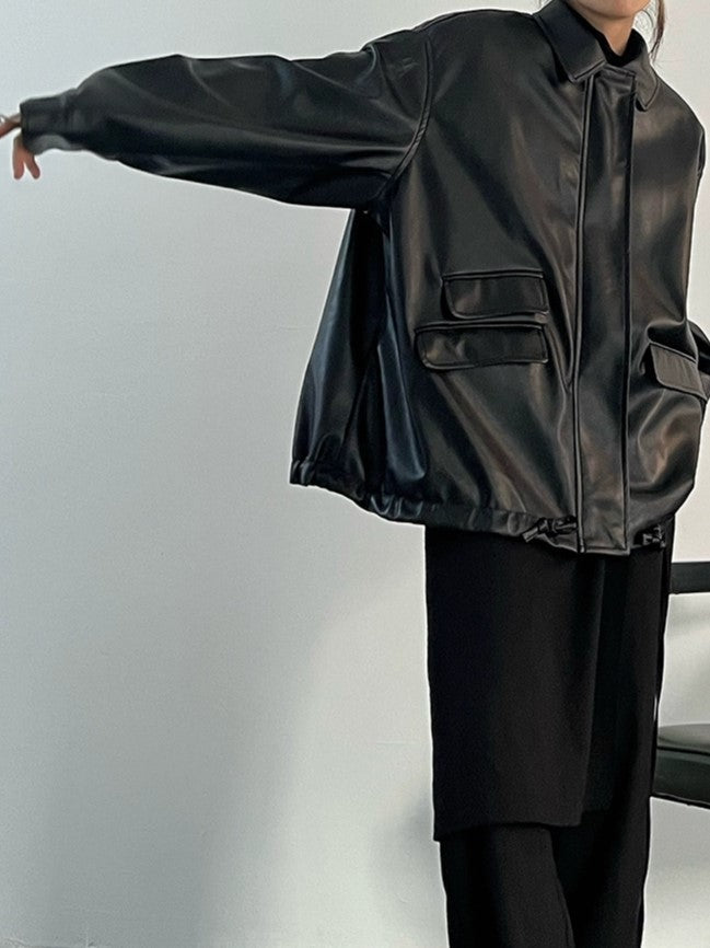 WW | Oversized Black Vegan Leather Jacket with Zipper