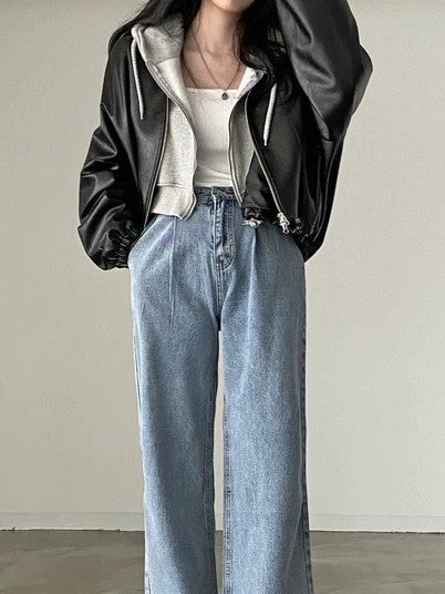 WW | Vintage Kordelzug Veganes Lederjacke mit Kragen