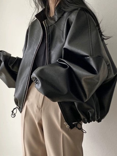 WW | Vintage Kordelzug Veganes Lederjacke mit Kragen