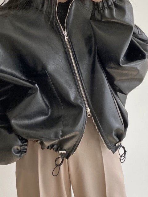 WW | Vintage Kordelzug Veganes Lederjacke mit Kragen