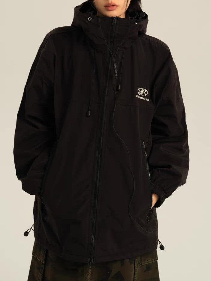WW | Retro schwarze wasserdichte Outdoor-Jacke mit Kapuze