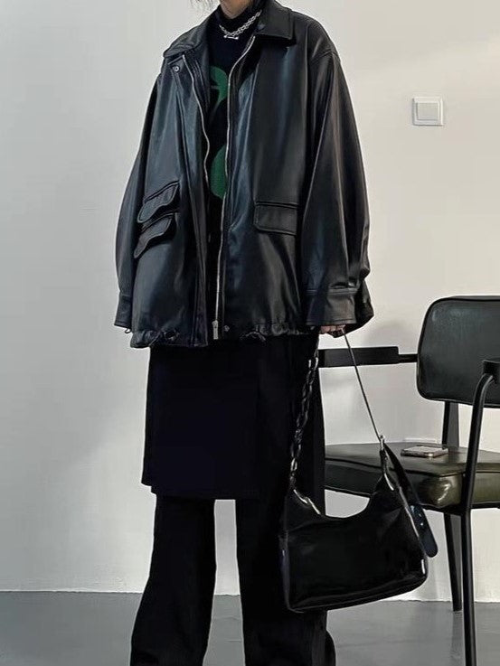 WW | Oversized Black Vegan Leather Jacket with Zipper