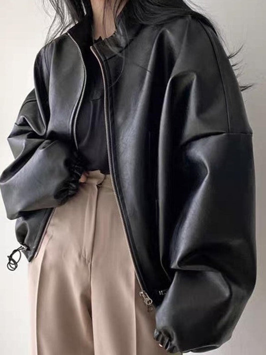 WW | Vintage Kordelzug Veganes Lederjacke mit Kragen