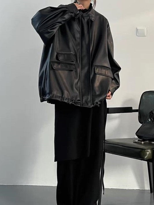 WW | Oversized Black Vegan Leather Jacket with Zipper
