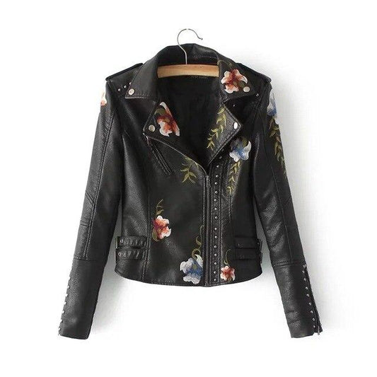 WW | Leather jacket Short fit Floral embroidery Studs Biker style