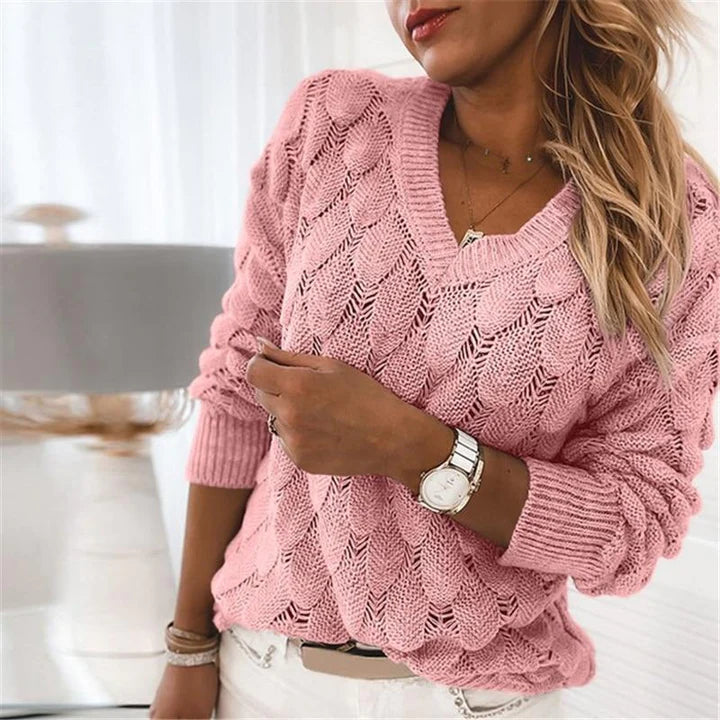 WW - Damen V-Ausschnitt Kabelstrickpullover