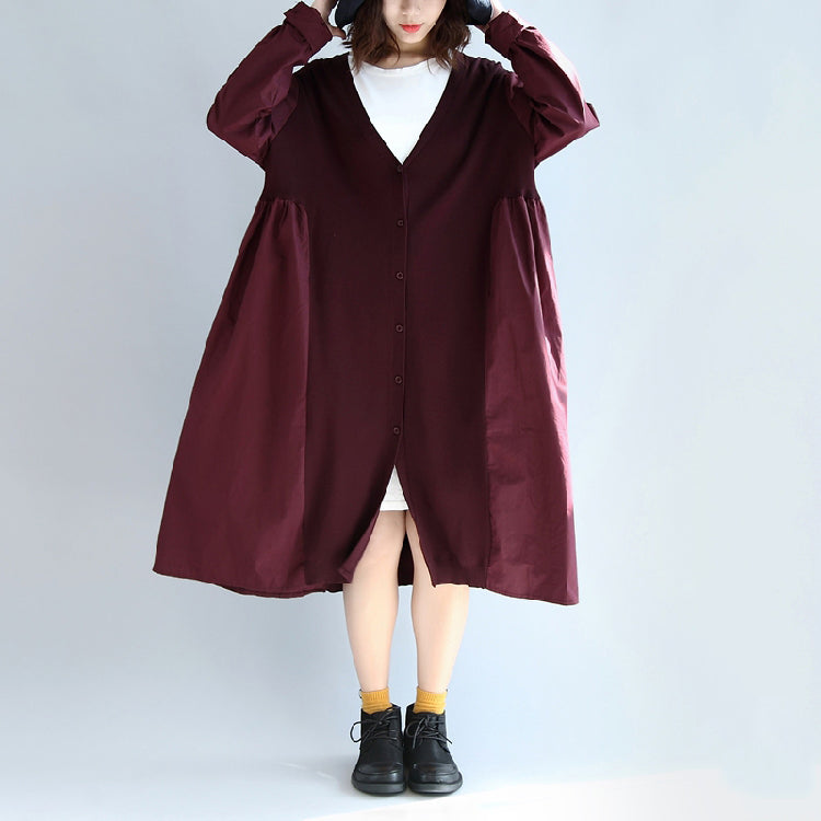 WW | red patchwork cotton-silk pullover outerwear oversized casual knit long coats