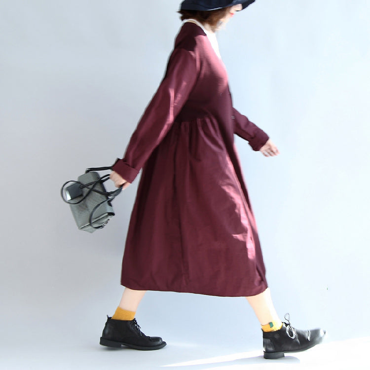 WW | red patchwork cotton-silk pullover outerwear oversized casual knit long coats