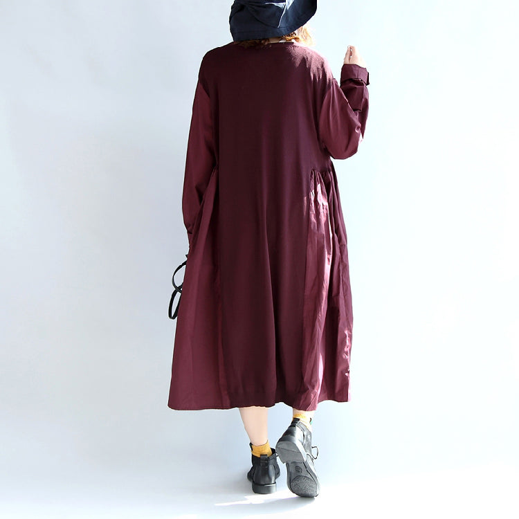 WW | rotes Patchwork Baumwoll-Seidenpullover Überbekleidung Oversize lässige Strick lange Mäntel