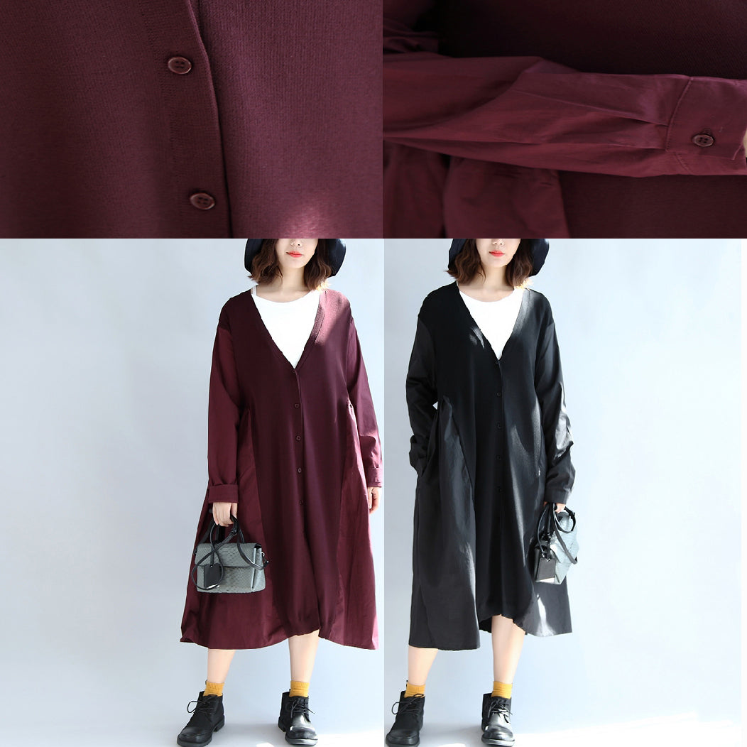 WW | rotes Patchwork Baumwoll-Seidenpullover Überbekleidung Oversize lässige Strick lange Mäntel
