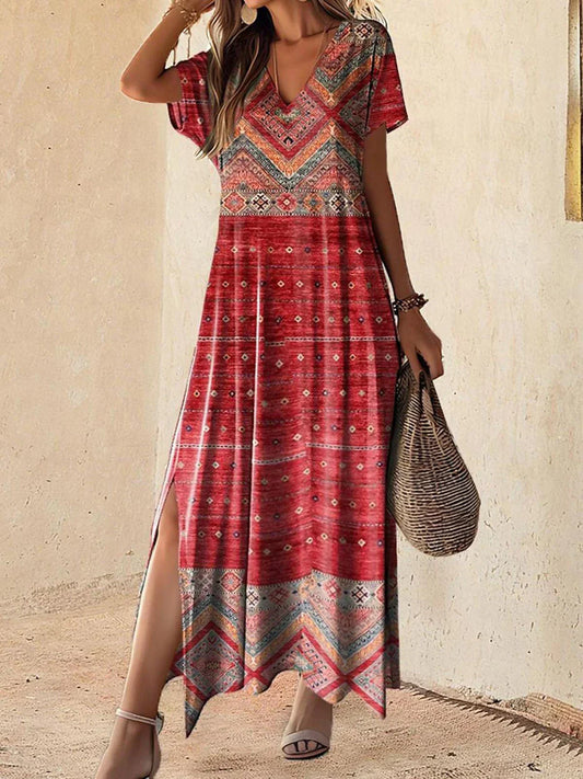 Viktoria | Vintage-Kleid mit geometrischem Muster und V-Ausschnitt