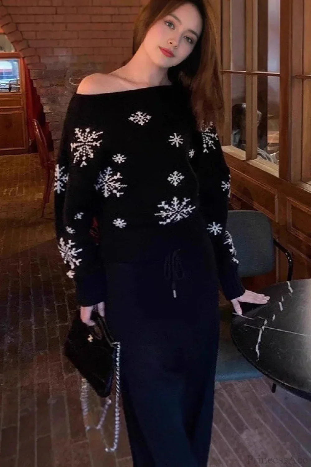 WW | Red Snowflake Christmas Off Shoulder Pullover Sweater