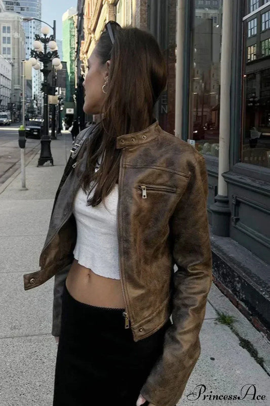WW | Tattered Coffee Cropped Stand Collar PU Jacket