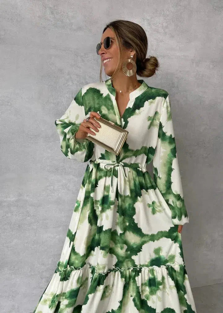 WW | Maxi Kleid Damen Lange Ärmel Vausschnitt Elegantes und Fließendes Design